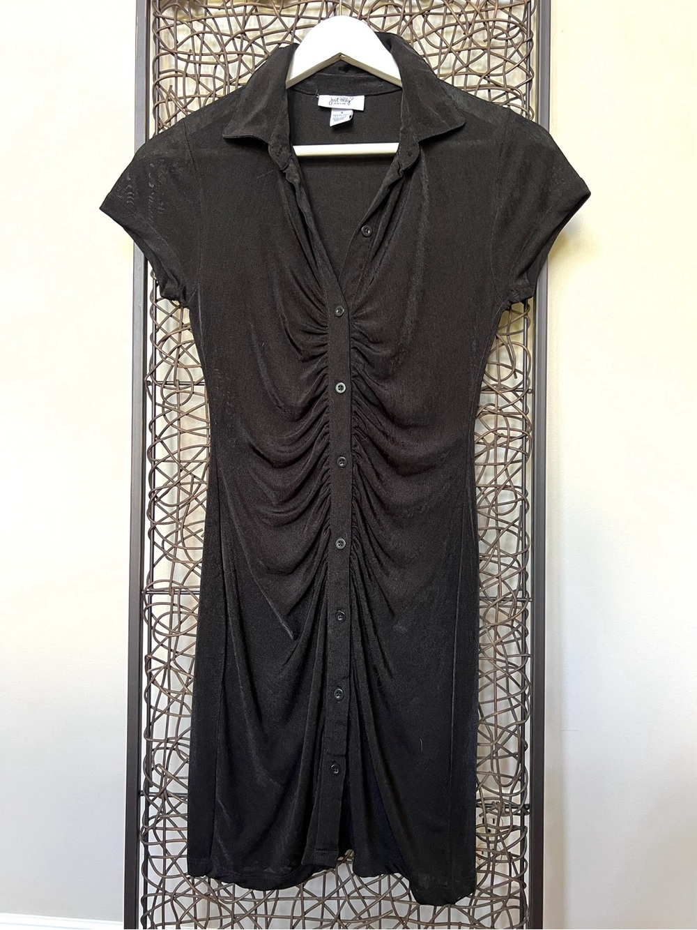 Just Polly black ruche bodycon shirt dress polo short Slv button-front stretch S